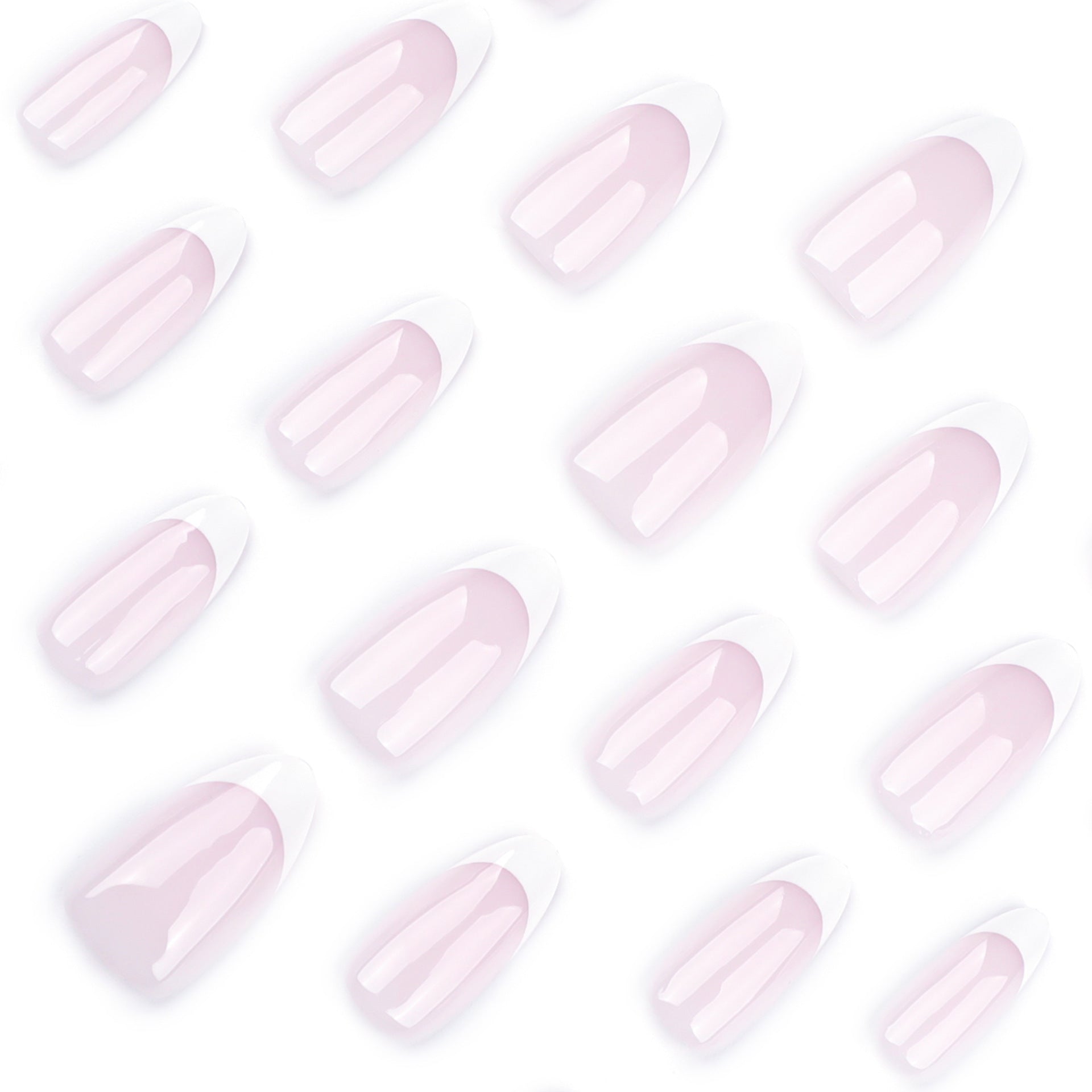 Unhas postiças clássicas rosa nude francesas brancas, unhas postiças curtas amêndoa finalizadas|365nails