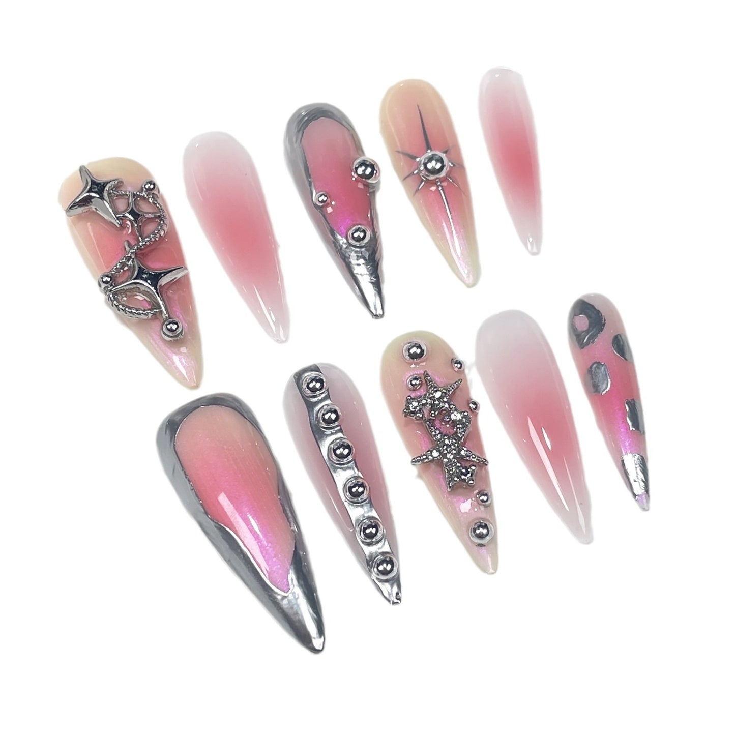 Handmade Press-on Nails spray gun blush nail Europe and America sweet cool metal irregular shape wearable nail sticker wholesale|365nails