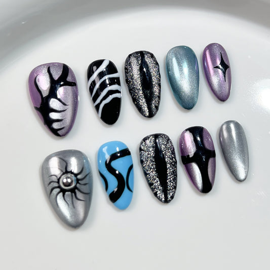 Uñas postizas hechas a mano, estilo ojo de gato, uña corta pintada a mano, parche almendrado | 365nails