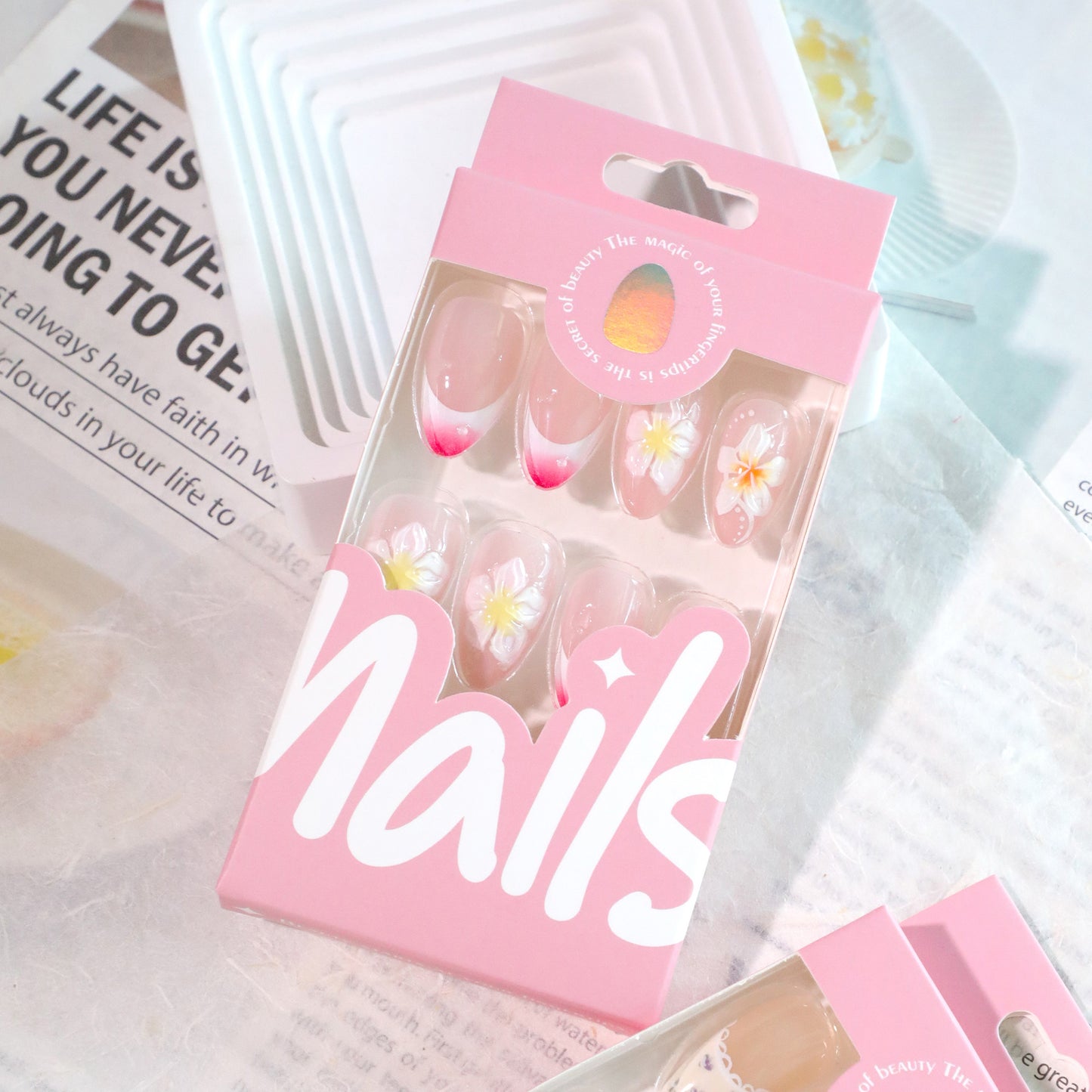 fashion color 3D flower manicure French fresh short press on nails|365nails