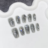 Adesivo de unha curta de metal pintado à mão com borboletas pretas e flash de guelras puras feitas à mão|365nails