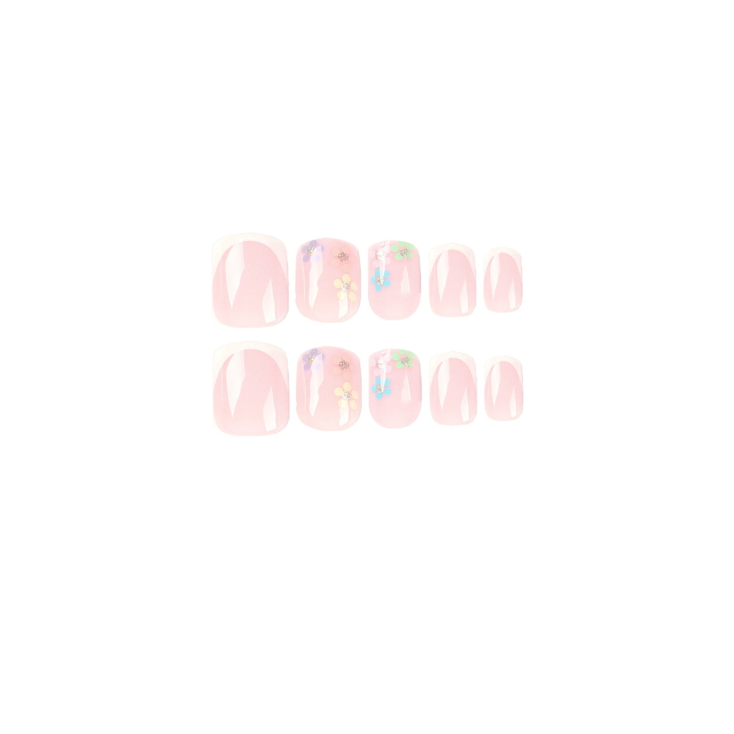 Press on nails short white French nails piece finished multi-colored flower gold glitter nails art press on nails|365nails