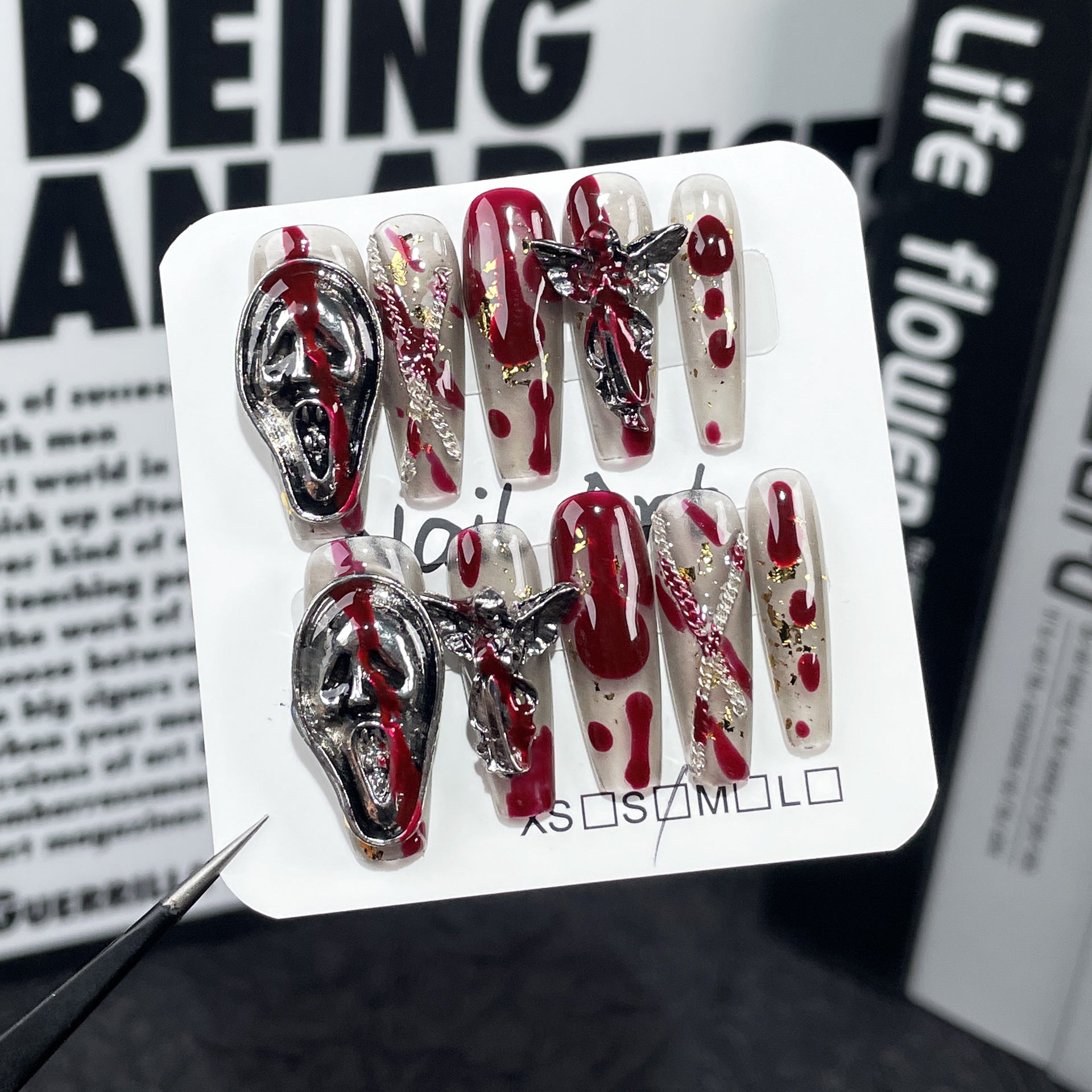 Adesivo de unha postiça artesanal de Halloween para indústria pesada, adesivo de unha longo retrô escuro, atacado 365nails