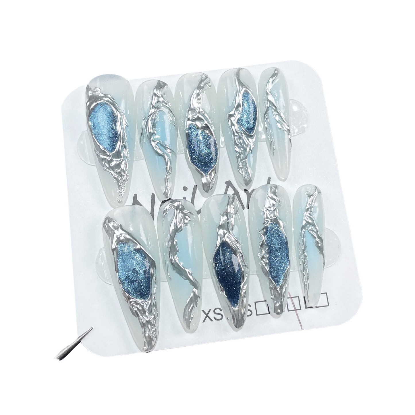 Hot Girls Hand - olho de gato azul oceano, metal líquido, médio e longo, longo e pontiagudo s|365nails