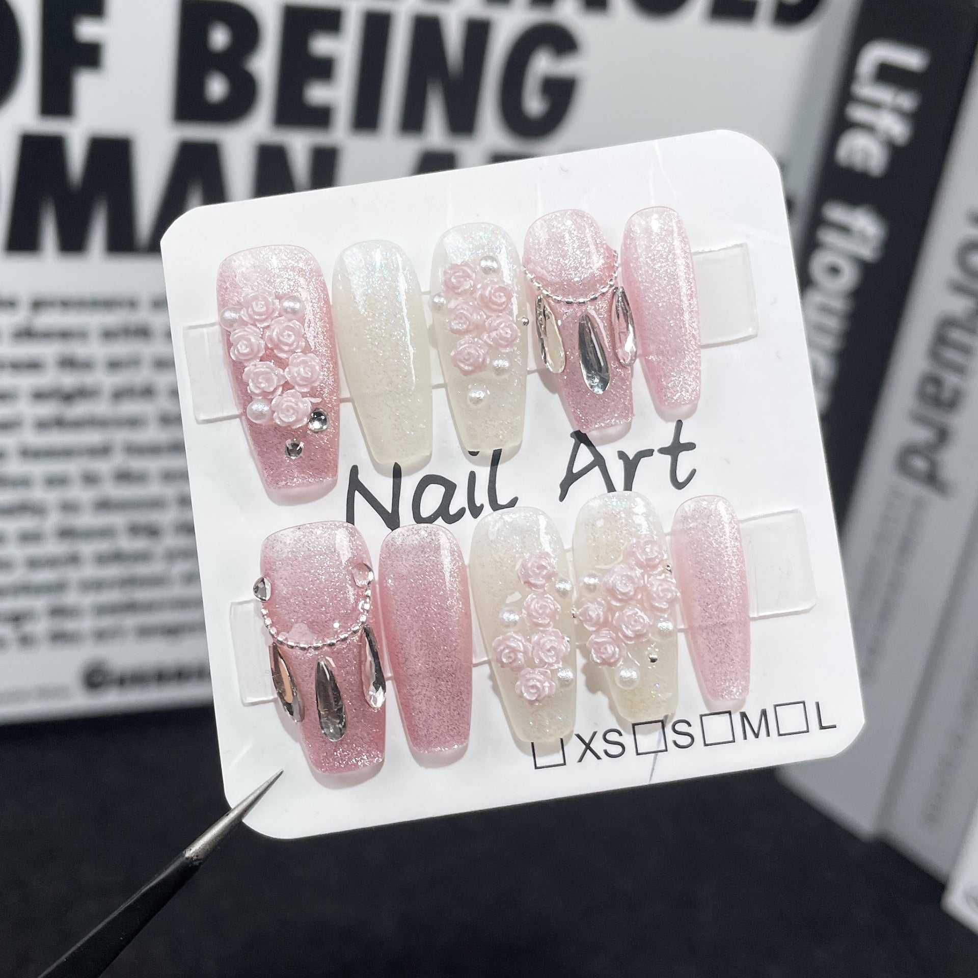 Adesivo de unha artesanal leve e luxuoso, estilo olho de gato, tridimensional, Rose Manor, médio e longo, feito à mão, para unhas postiças|365nails