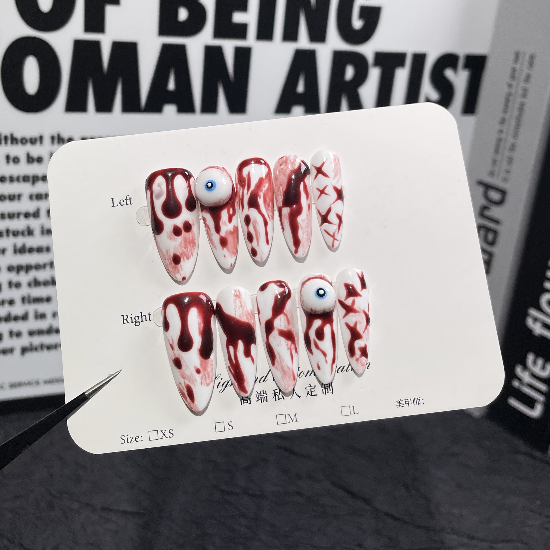 Adesivo de unha estilo Bloody Mary feito à mão, unhas postiças, estilo escuro, nicho, Halloween, adesivo para unhas vestível | 365nails