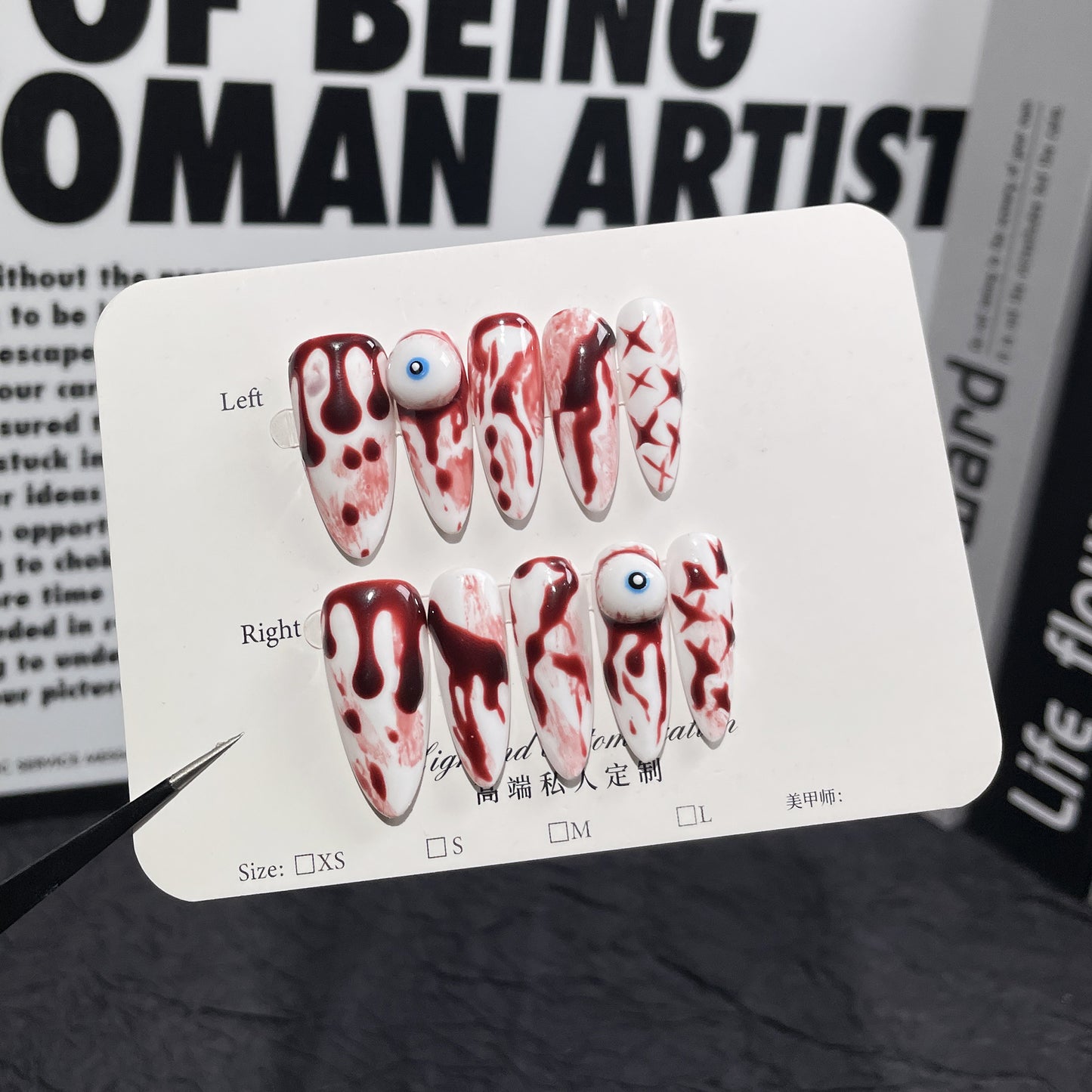 Adesivo de unha estilo Bloody Mary feito à mão, unhas postiças, estilo escuro, nicho, Halloween, adesivo para unhas vestível | 365nails