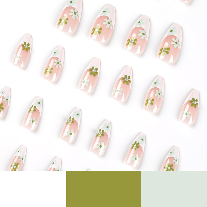 Unhas postiças francesas com borda branca e lindas flores, novas e removíveis, 24 peças, arte para unhas, produto finalizado, atacado|365nails