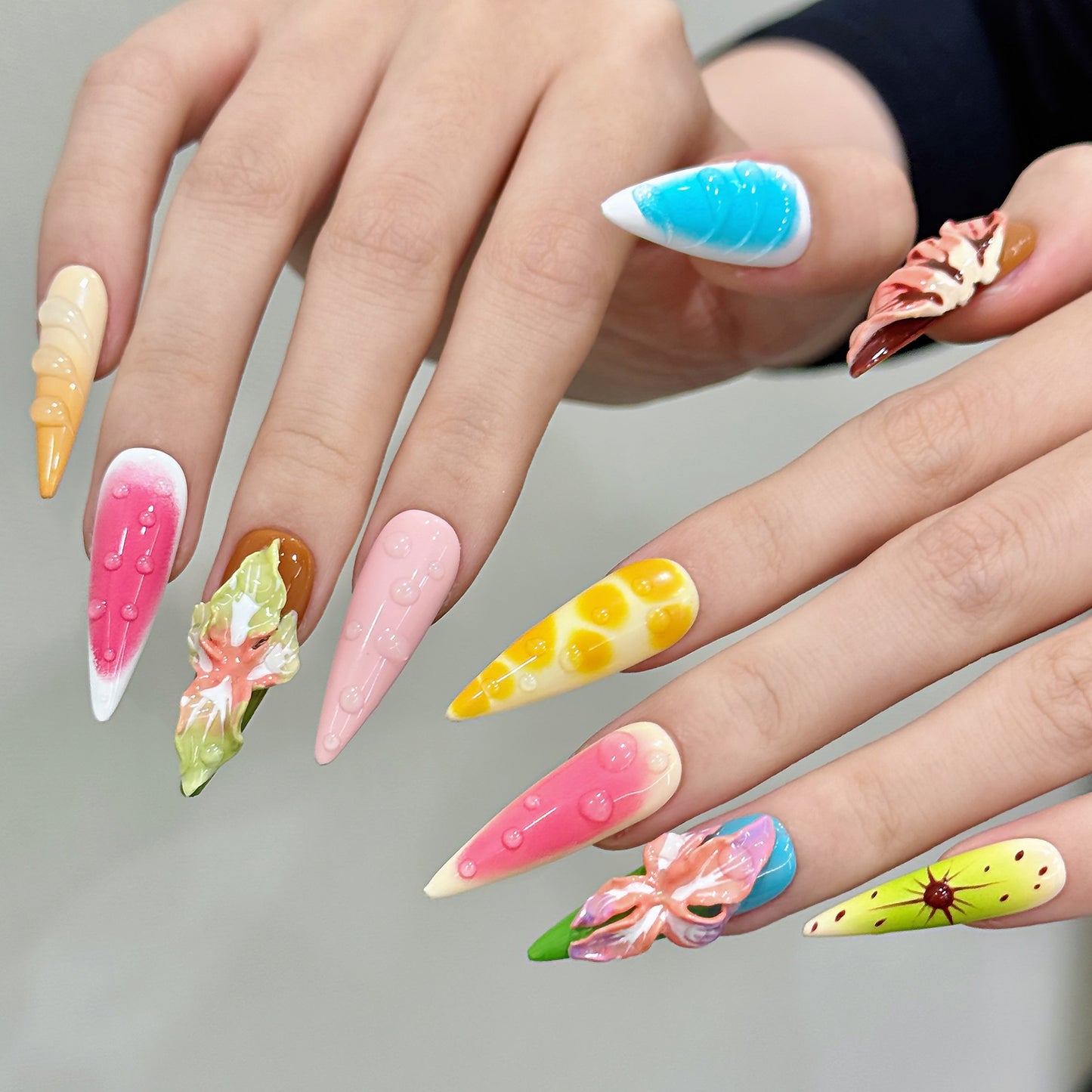 Three-dimensional Flowers Tropical Flowers Multicolored Nail Art Pure handmade press on nails Wear | 365nails