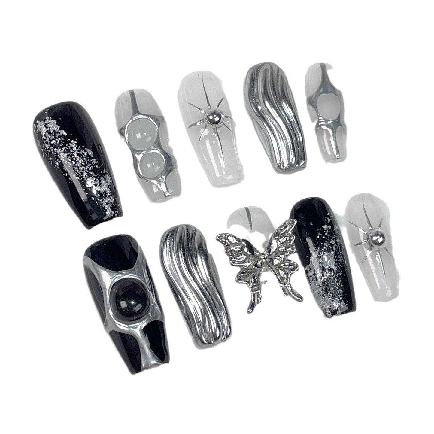 Textura metálica avançada simples, escura, doce e fria, Spice Girls, média e longa, unhas de pressão feitas à mão | 365nails