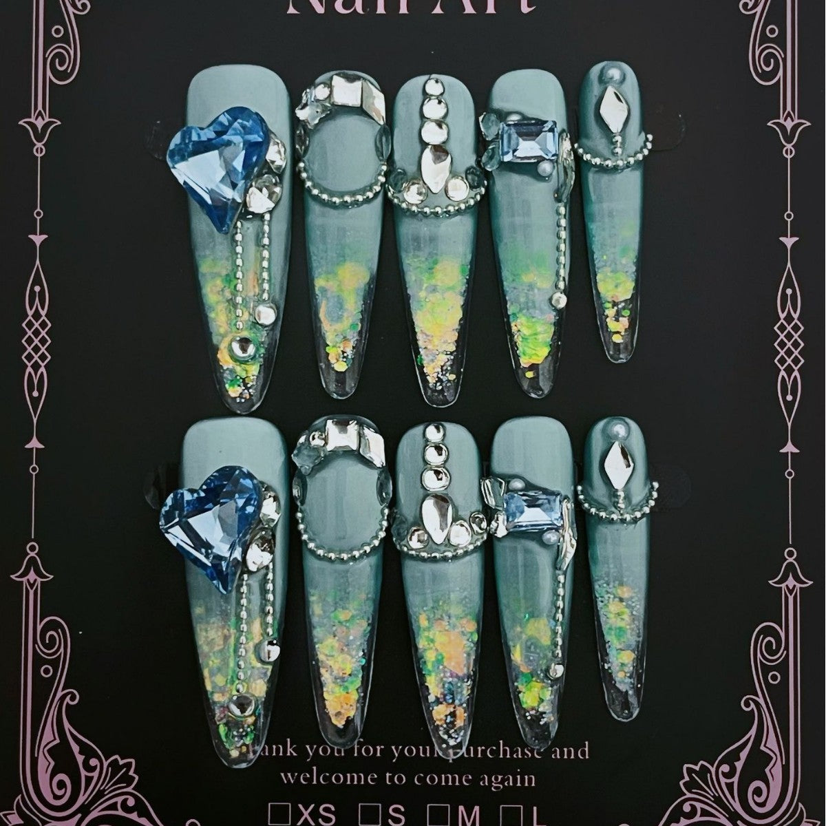 Title Sea Salt Starlight | Icy Blue Heart Crystal Art Series Press-On Nails