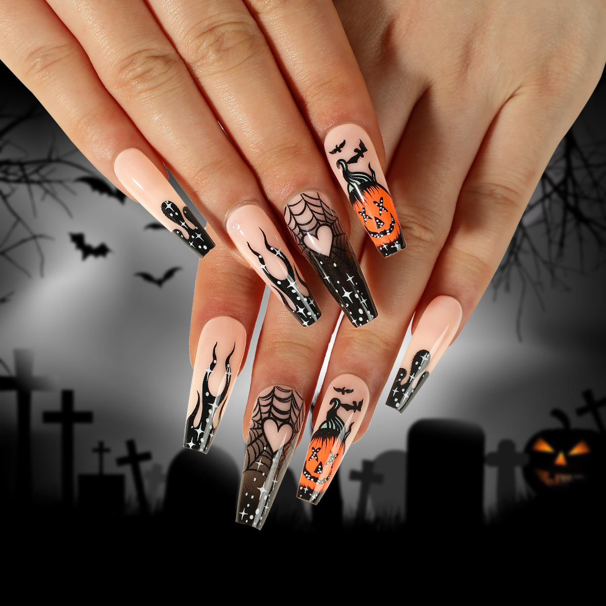 Uñas postizas 3D con diseño de araña y murciélago para Halloween, venta al por mayor | 365nails