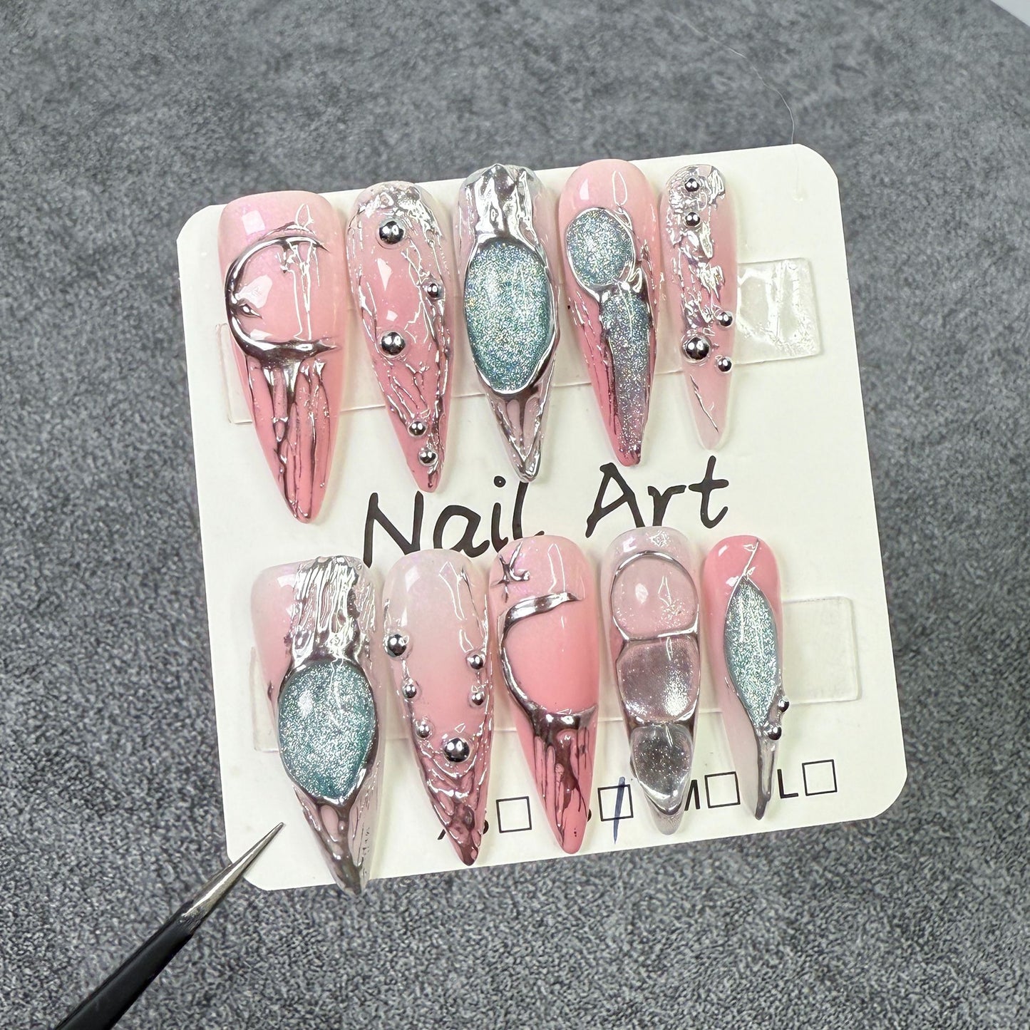 Uñas postizas de metal con efecto degradado, hechas a mano, con polvo plateado, diseño de uñas en dos colores, Europa y Estados Unidos, venta al por mayor |365nails