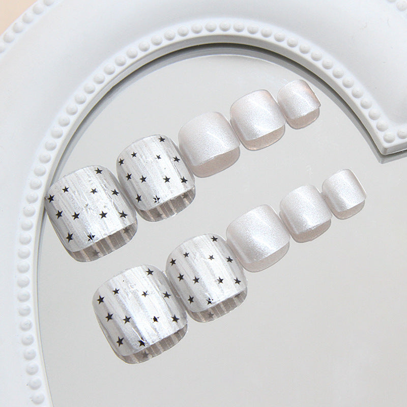Listras tridimensionais cinza perolado romântico estrelas branco ins vento unhas dos pés removíveis 24 peças | 365 unhas