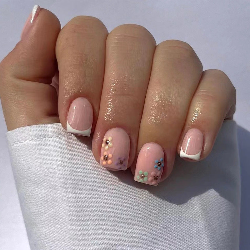 Press on nails short white French nails piece finished multi-colored flower gold glitter nails art press on nails|365nails