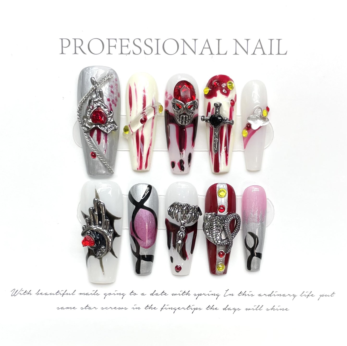 Espírito de sangue de luxo, caveira escura, elfo, sacrifício de sangue, aranha tridimensional, manicure de Halloween sangrenta removível | 365nails