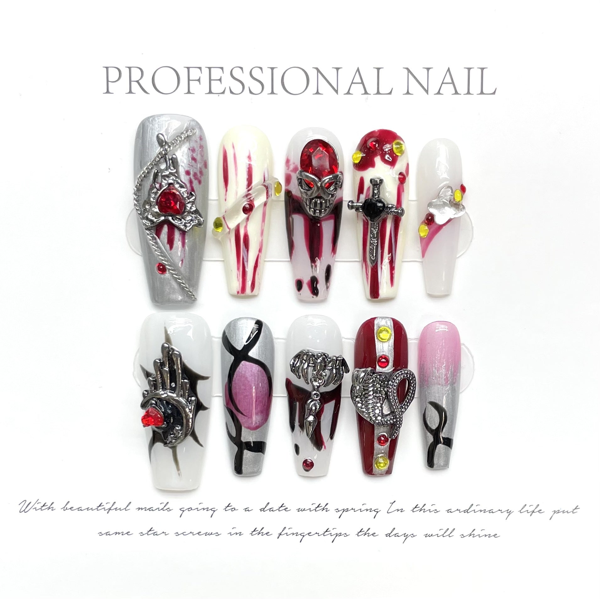 Espírito de sangue de luxo, caveira escura, elfo, sacrifício de sangue, aranha tridimensional, manicure de Halloween sangrenta removível | 365nails