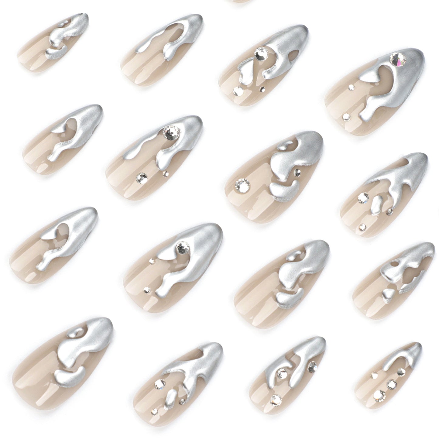 French 3D silver paste press on nails film short almond fake nails point drill fake nail nail film wholesale|365nails