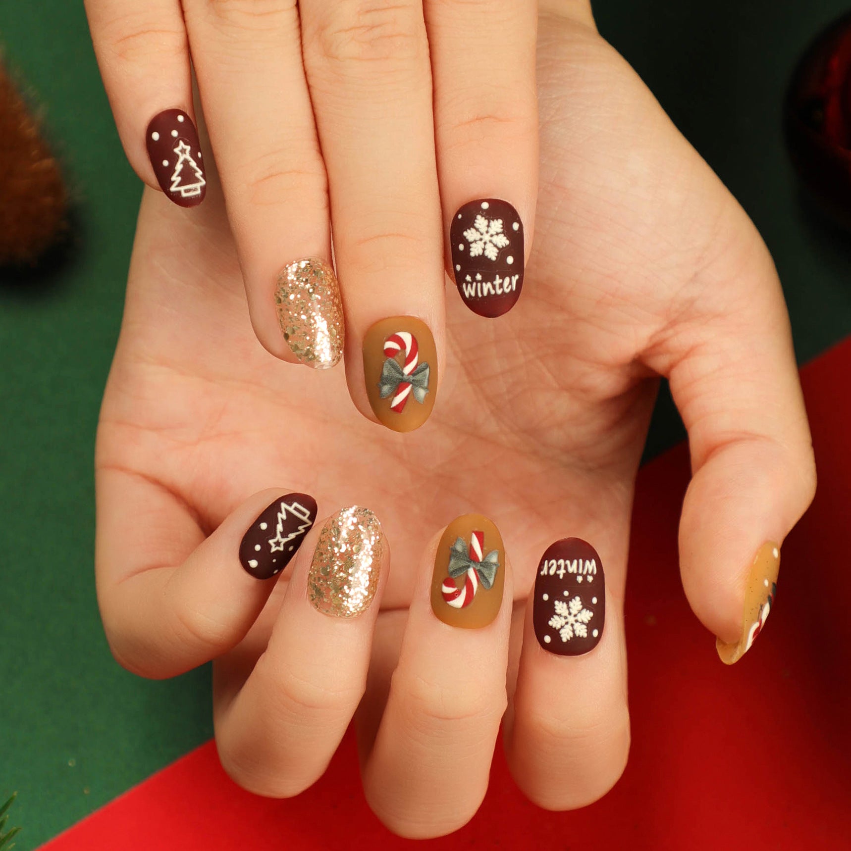 Christmas candy fake nails wholesale short nails art patch finished nails sticker press on nails removable|365nails
