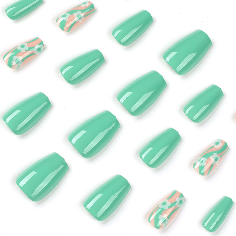 Nail Art Wholesale Short Green Wave White Flower Art Nail Piece |365nails