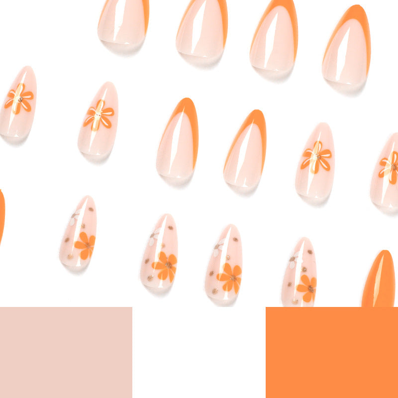 nails art tablets Press on nails wholesale, French orange and white flower fake nails removable nails art Press on nails wholesale|365nails