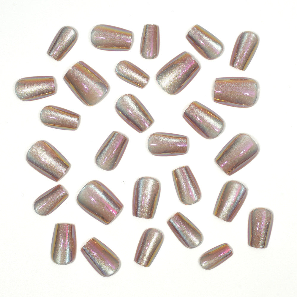 Nail Tips Cat's eye press on nails aurora electroplating, sub-code bar with short ladder mirror removable fake nail prefabricated patch manicure