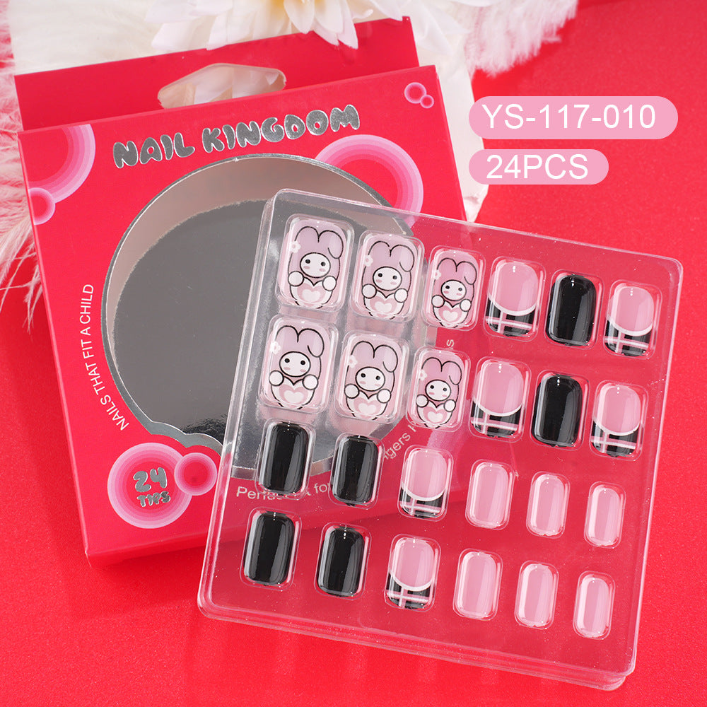 Children press on nails, cartoon 24-piece boxed finished product, sweet and cute children's removable fake nail patch manicure