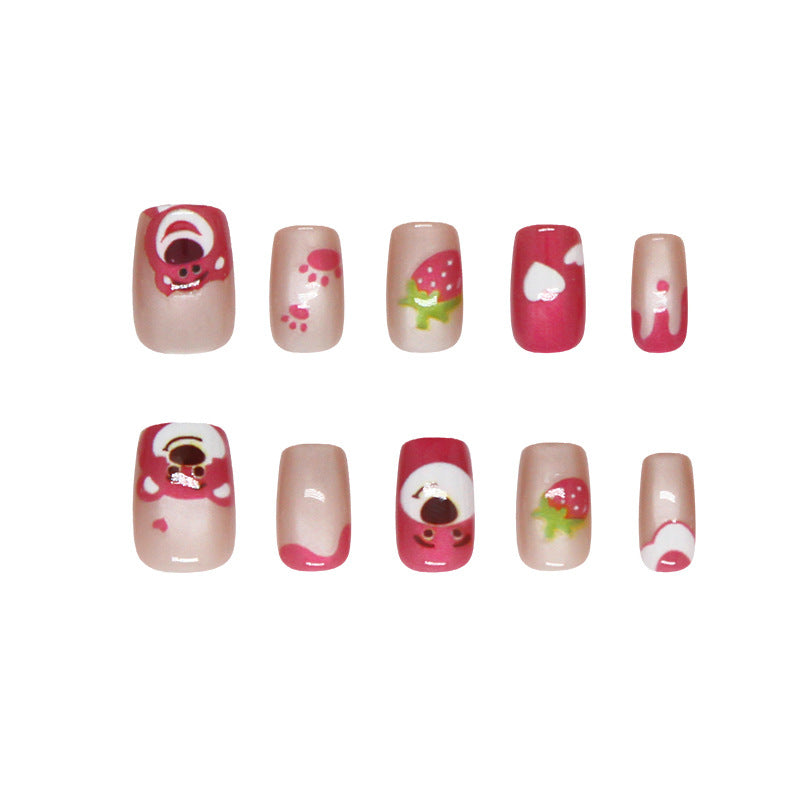 Puntas de uñas prefabricadas, diseño divertido de gato, fresa, oso, amor, niña, versátiles, 30 piezas | 365nails