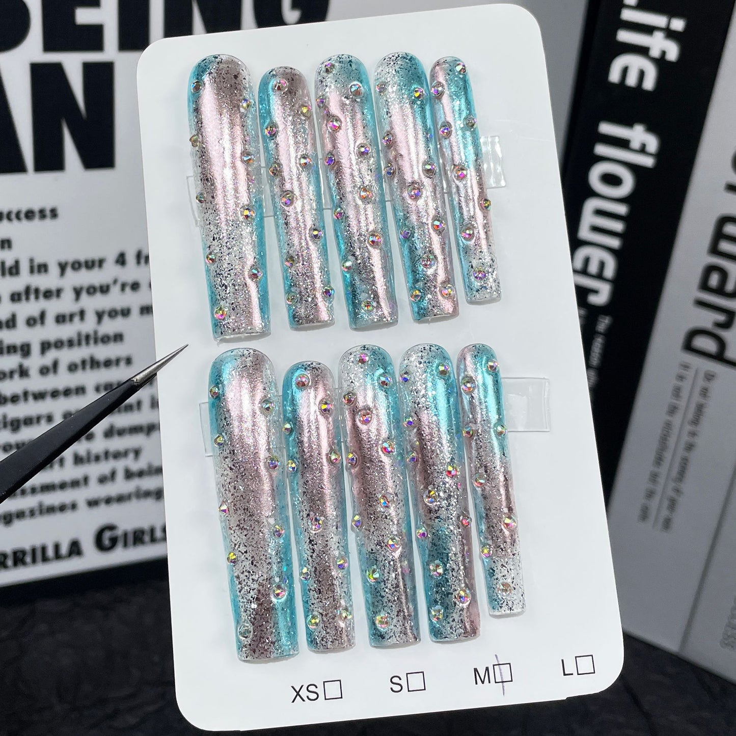 Super long water pipe nail art pink and blue two-color gradual change handmade press-on nails long finished nail art wholesale|365nails