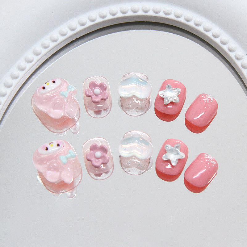 Uñas infantiles tiernas y juguetonas con diseño de conejo rosa, flores y estrellas de amor | 365nails