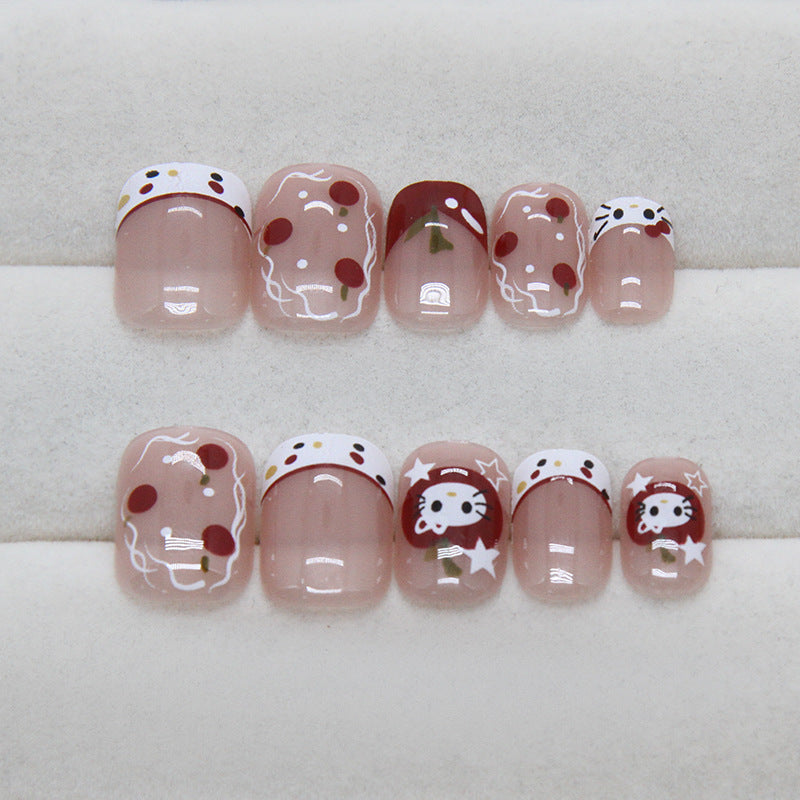 Desenhos animados de bolinhas francesas, estrelas, fofas, moda feminina, versátil, destacável, arte de unha vestível, 24 peças | 365 unhas