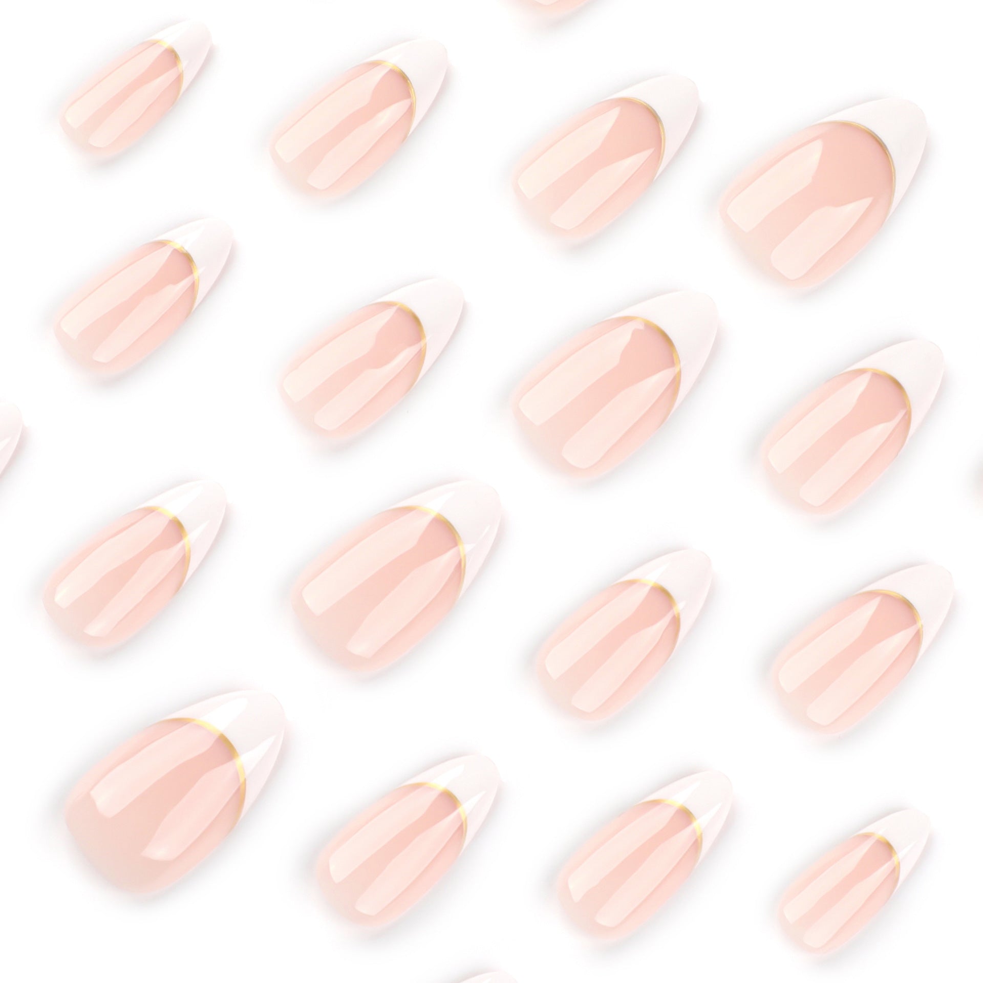 Uñas francesas sencillas con borde blanco, superventas, uñas cortas con almendra, uñas postizas con curva dorada | 365nails