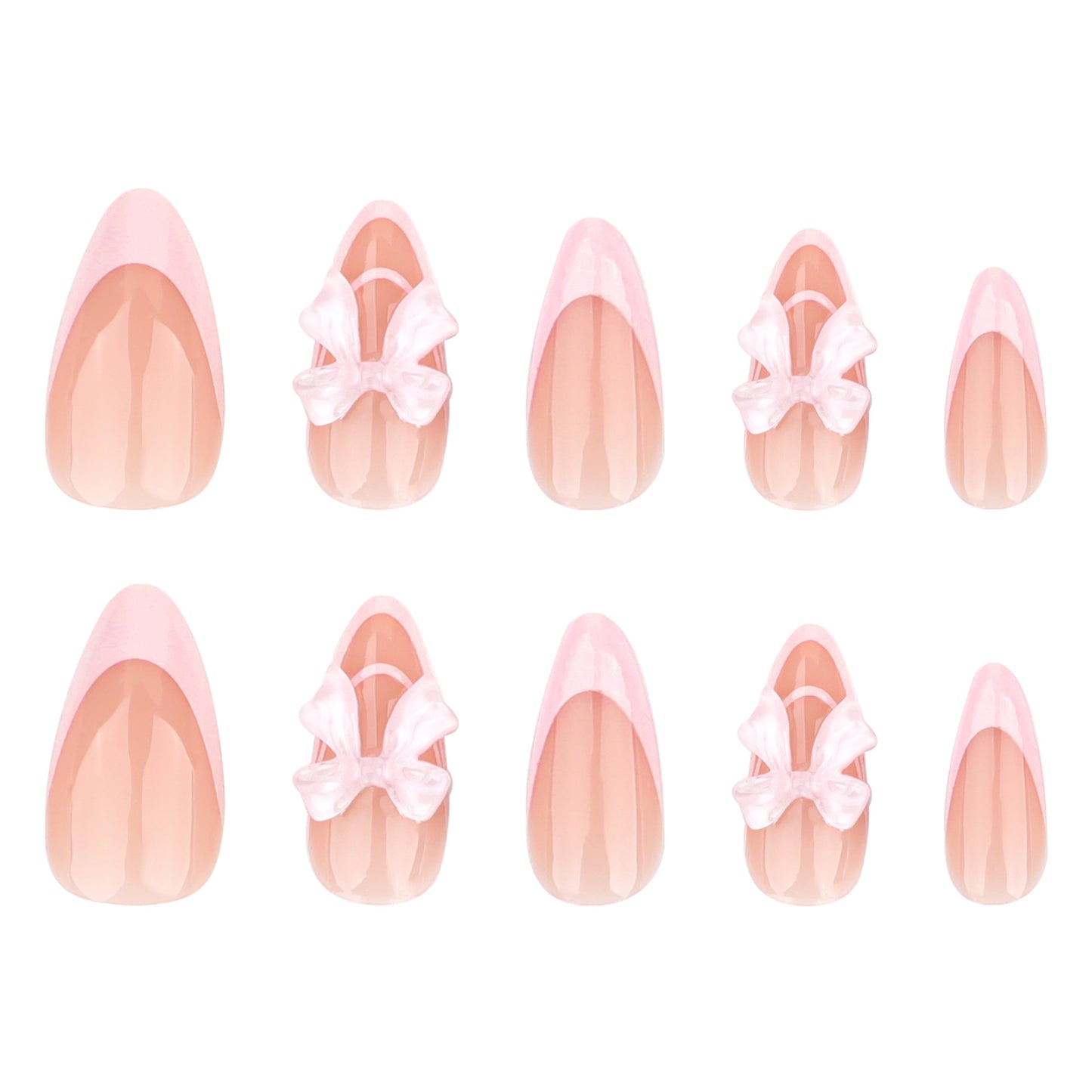 Sweet French pink almond press-on nails pads pure ice through three-dimensional bow nail art fake nail wholesale|365nails