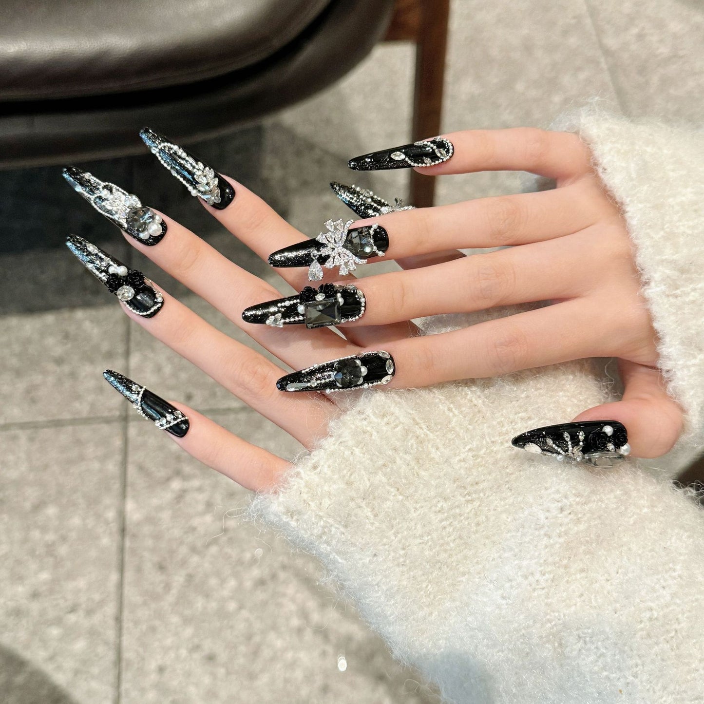 Dark Heavy Industry Luxury Sparse Star Late Moon Advanced Explosive Zircon Full of Diamonds Exquisite Autumn and Winter Long Wear nails | 365nails