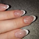 Uñas postizas francesas clásicas, sencillas, con borde blanco, cortas, ovaladas, con purpurina, tabletas para decoración de uñas. ¡Venta al por mayor! 365nails