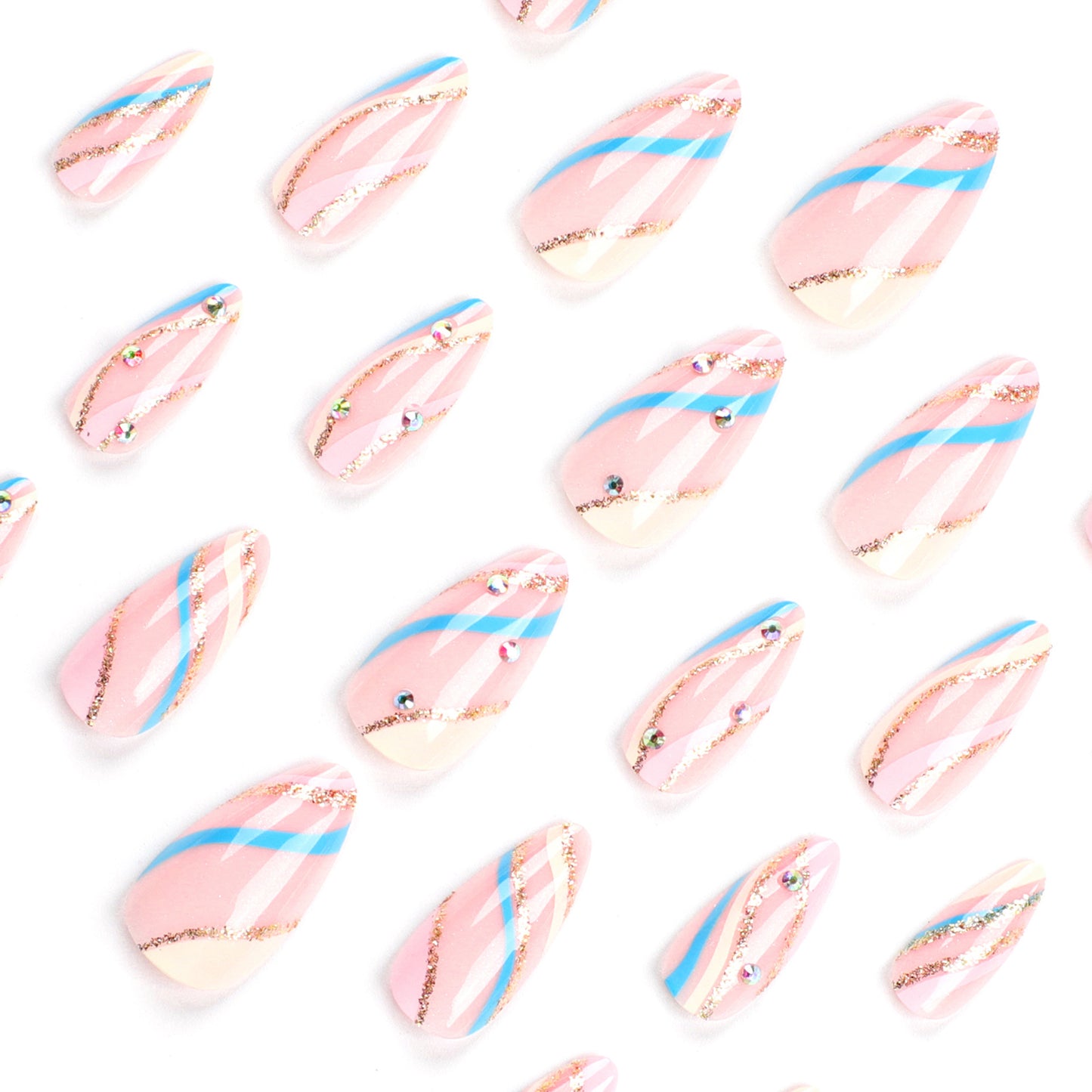 Color striped wear nail piece Golden glitter corrugated nail art point drill Almond nail false nail false nail|365nails