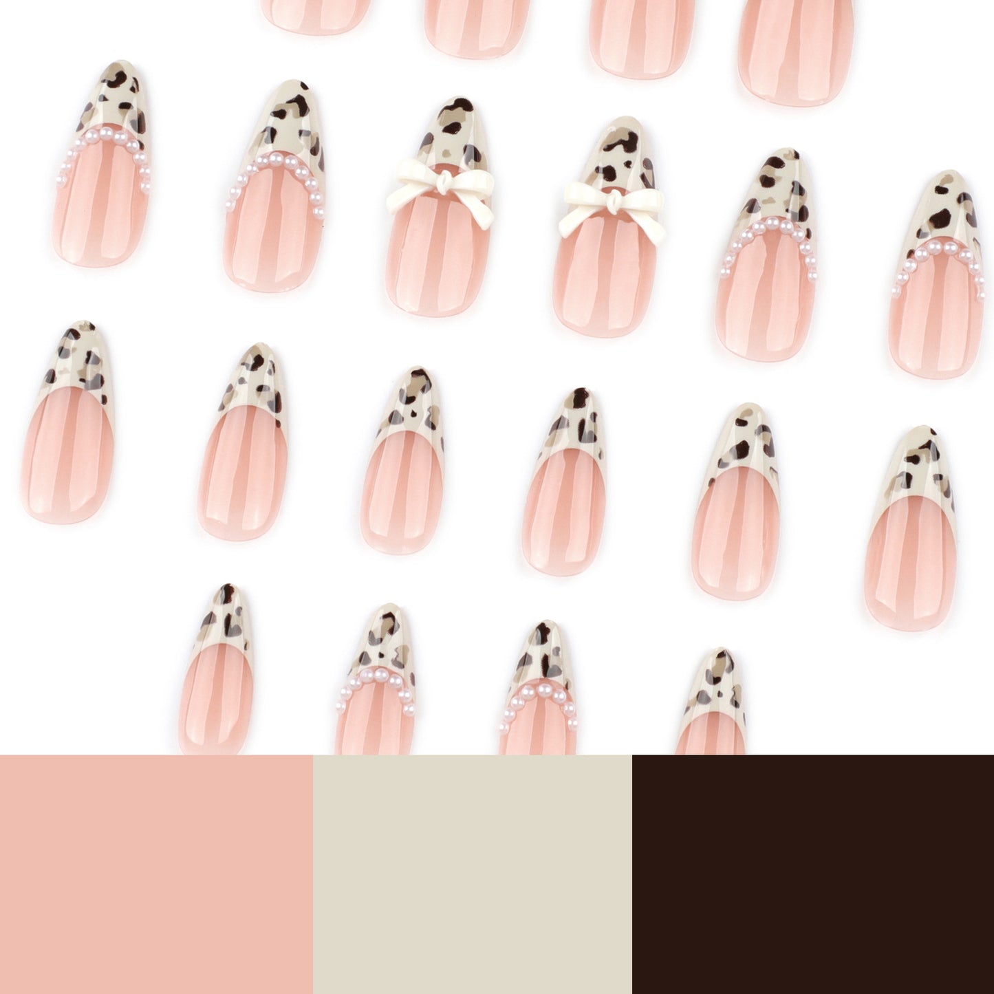 Almond French Leopard Print Short Pearl Bow press-on nails