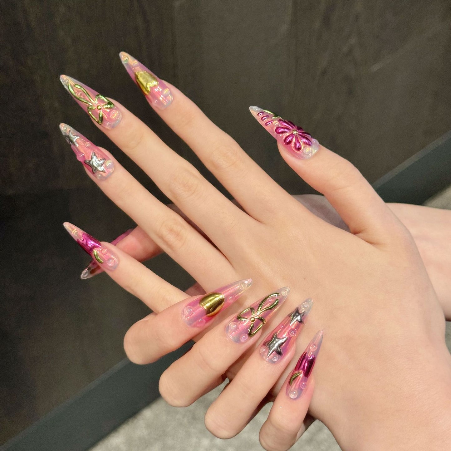 Island Holiday Spice Girl Painted Magic Mirror Pink Flowers Pure Handmade nails | 365nails