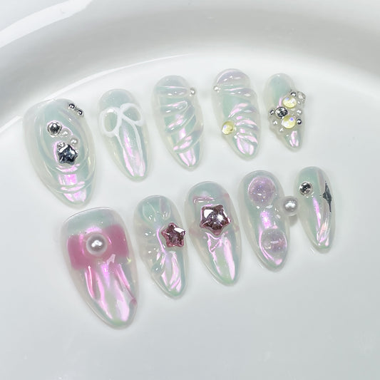 Uñas postizas hechas a mano, bonitas y dulces, con forma irregular, con lazo pintado a mano, parche para uñas con almendras, venta al por mayor |365nails