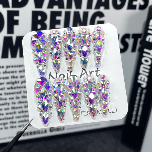 Flash Handmade Press-on Nails K9 Aurora AB Symphony full diamond long tip nail patch wearable nail sticker|365nails