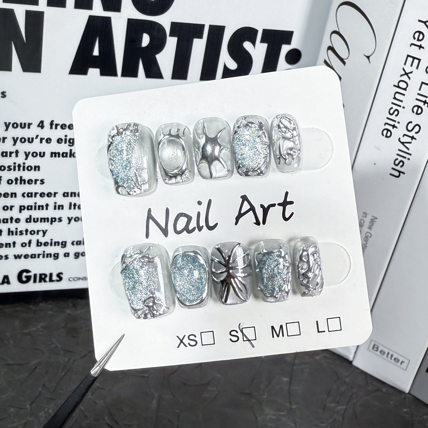 Handmade press-on nails irregular metal shape hand-painted butterfly short cat eye manicure wearable fake nail|365nails