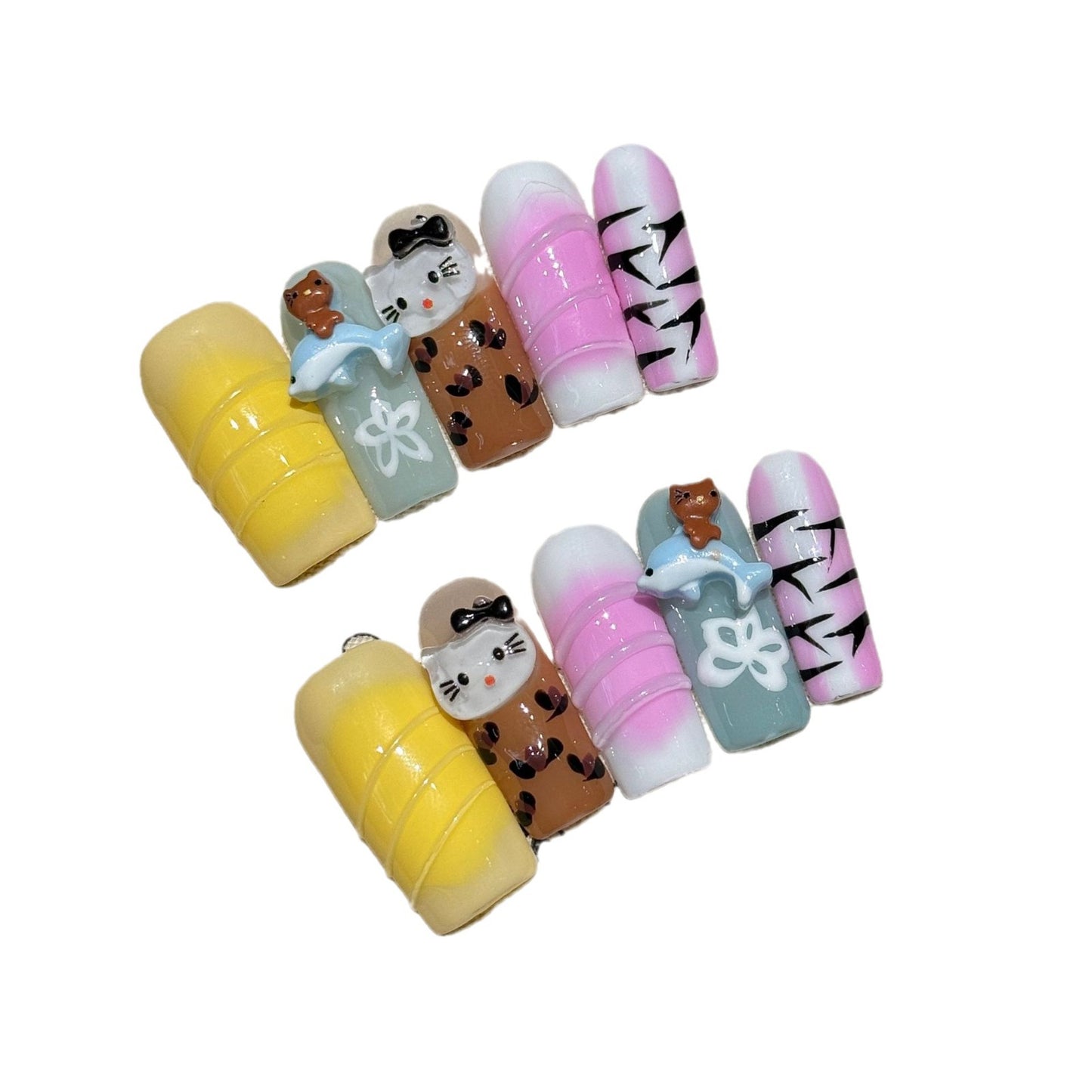 relief kitty cat cartoon cigarette pipe square nails zebra pattern handmade press on nails fake nails batch | 365nails