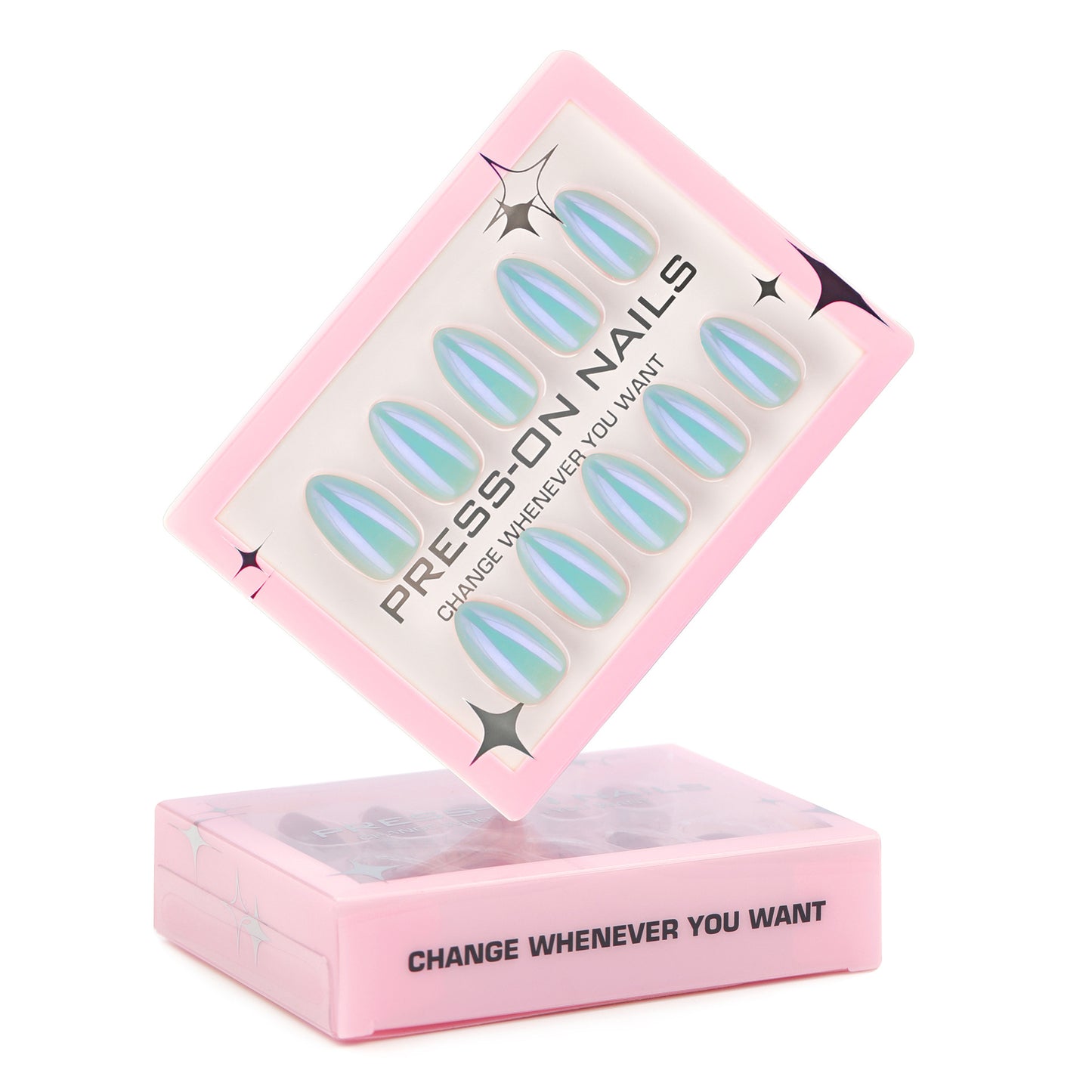 Blazing Blue Aurora Cat's Eye Short Almond press-on nails