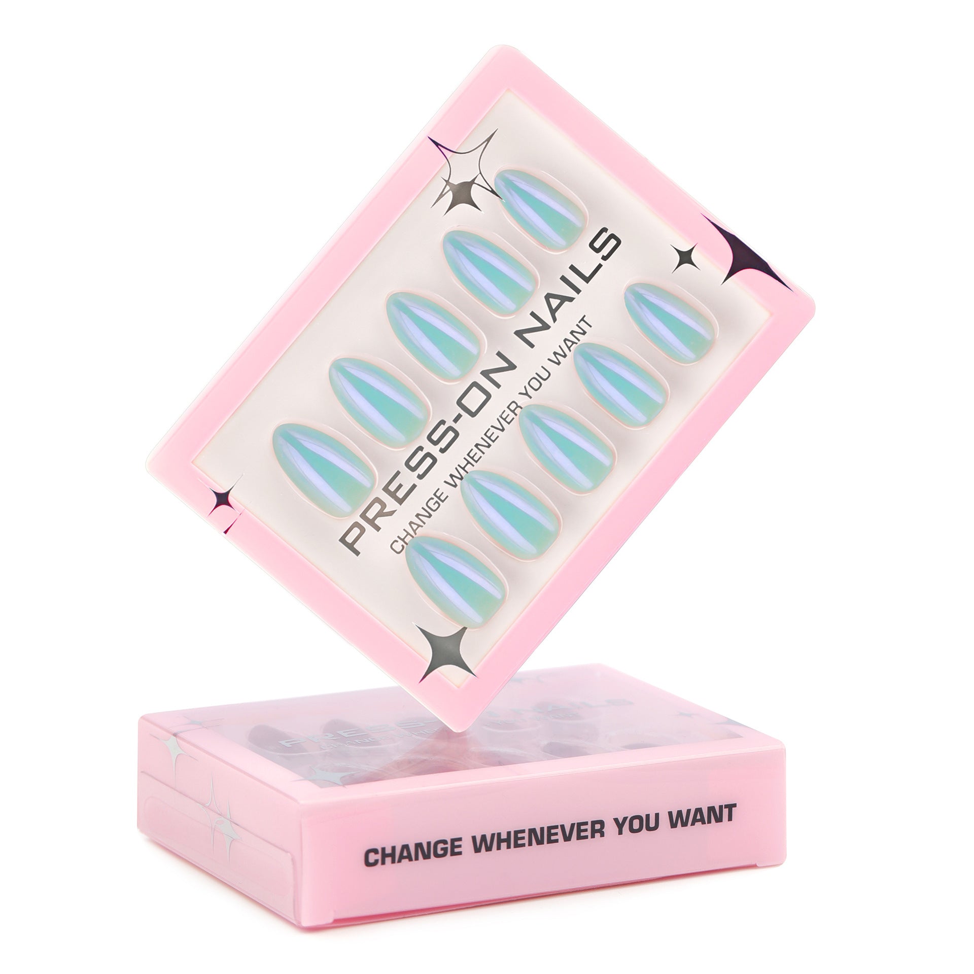 Blazing Blue Aurora Cat's Eye Short Almond press-on nails