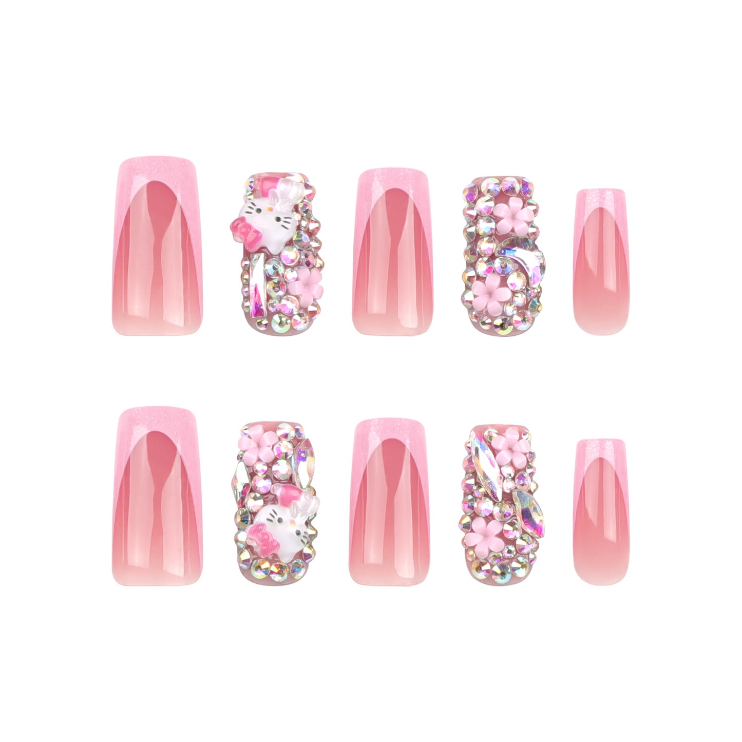 Unhas postiças japonesas fofas com armadura de flor e diamantes brilhantes, unhas postiças francesas rosa|365nails