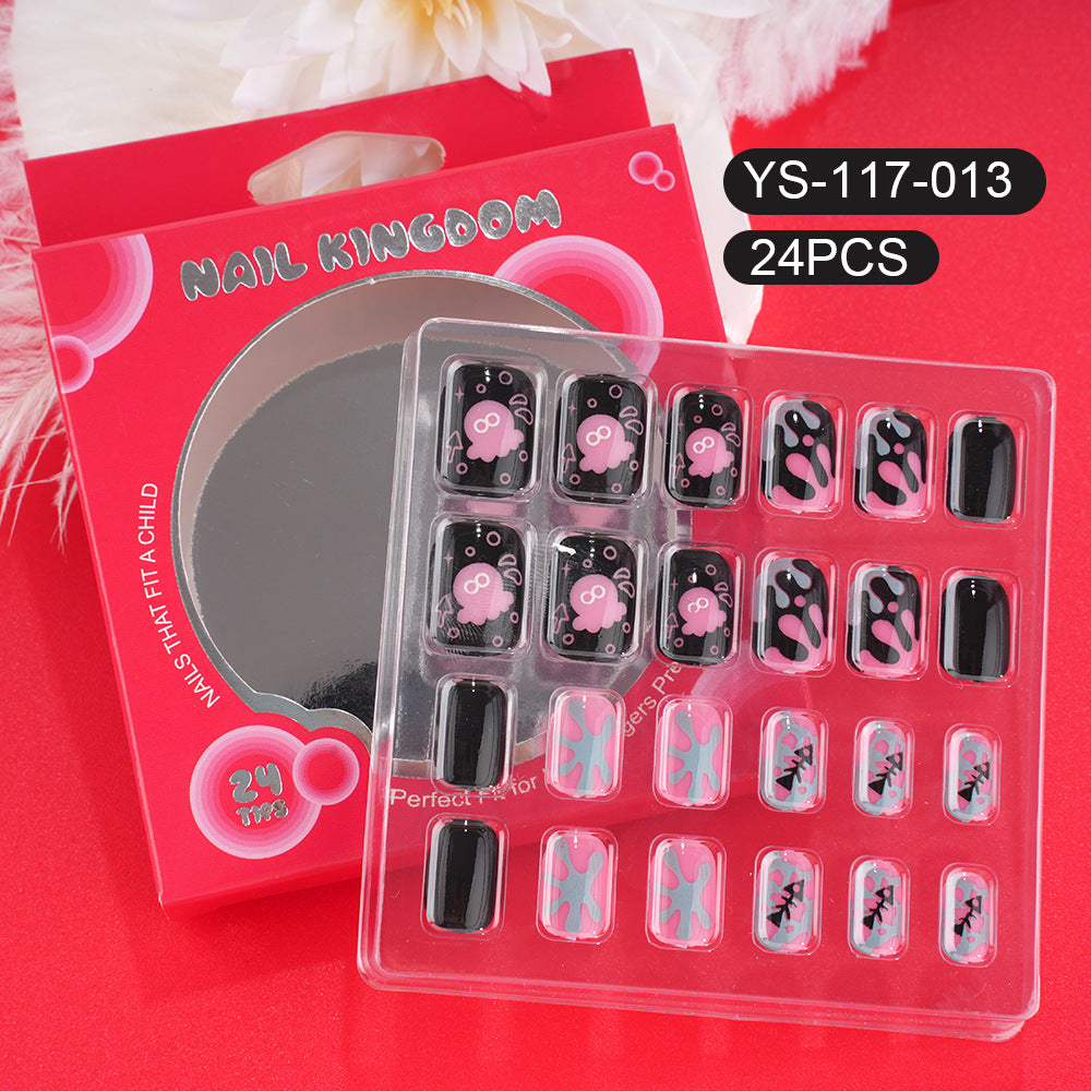 Children press on nails, cartoon 24-piece boxed finished product, sweet and cute children's removable fake nail patch manicure