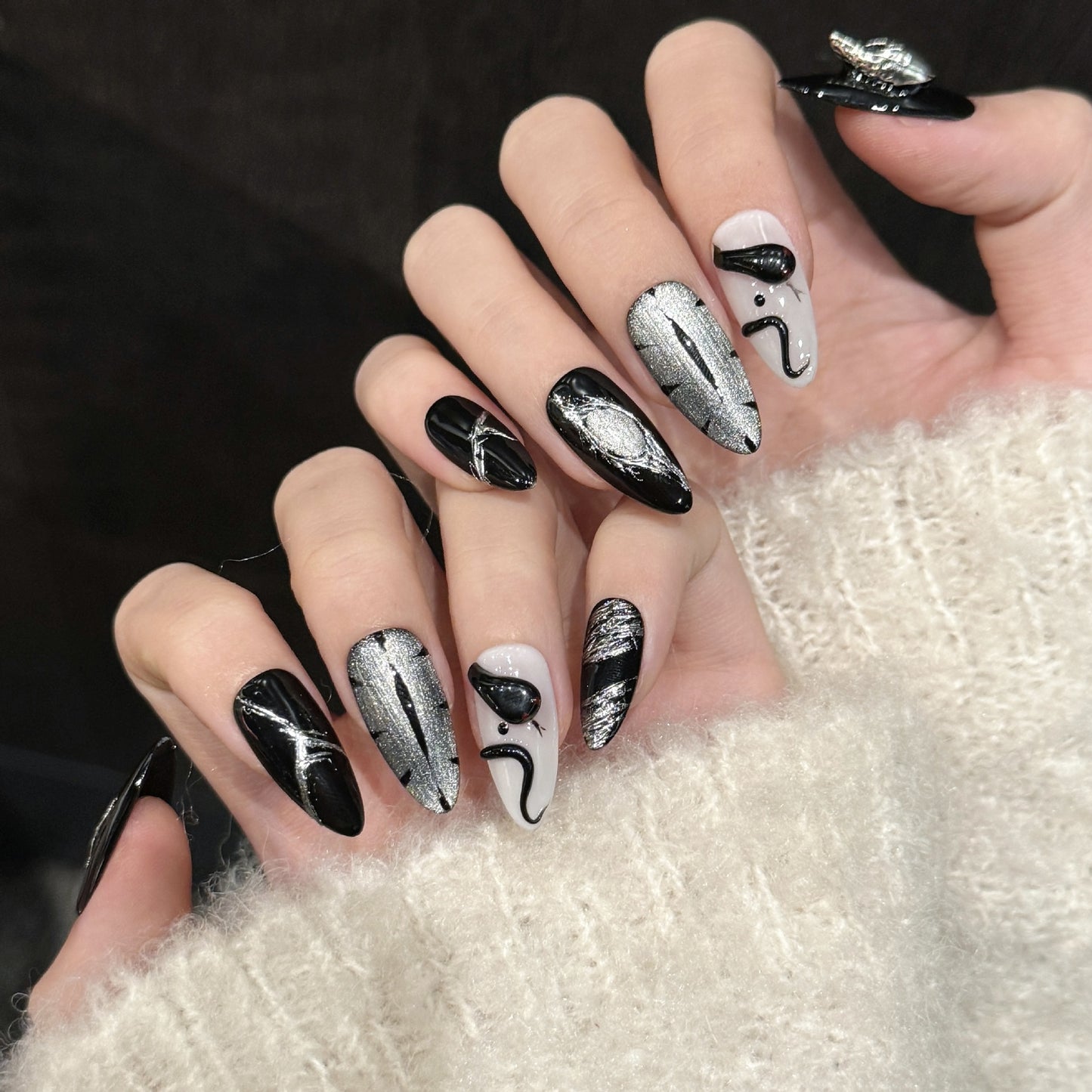 Sweet Cool Dark Black Python Eye Ghost Skeleton Cat Eye Almond Wear nails | 365nails