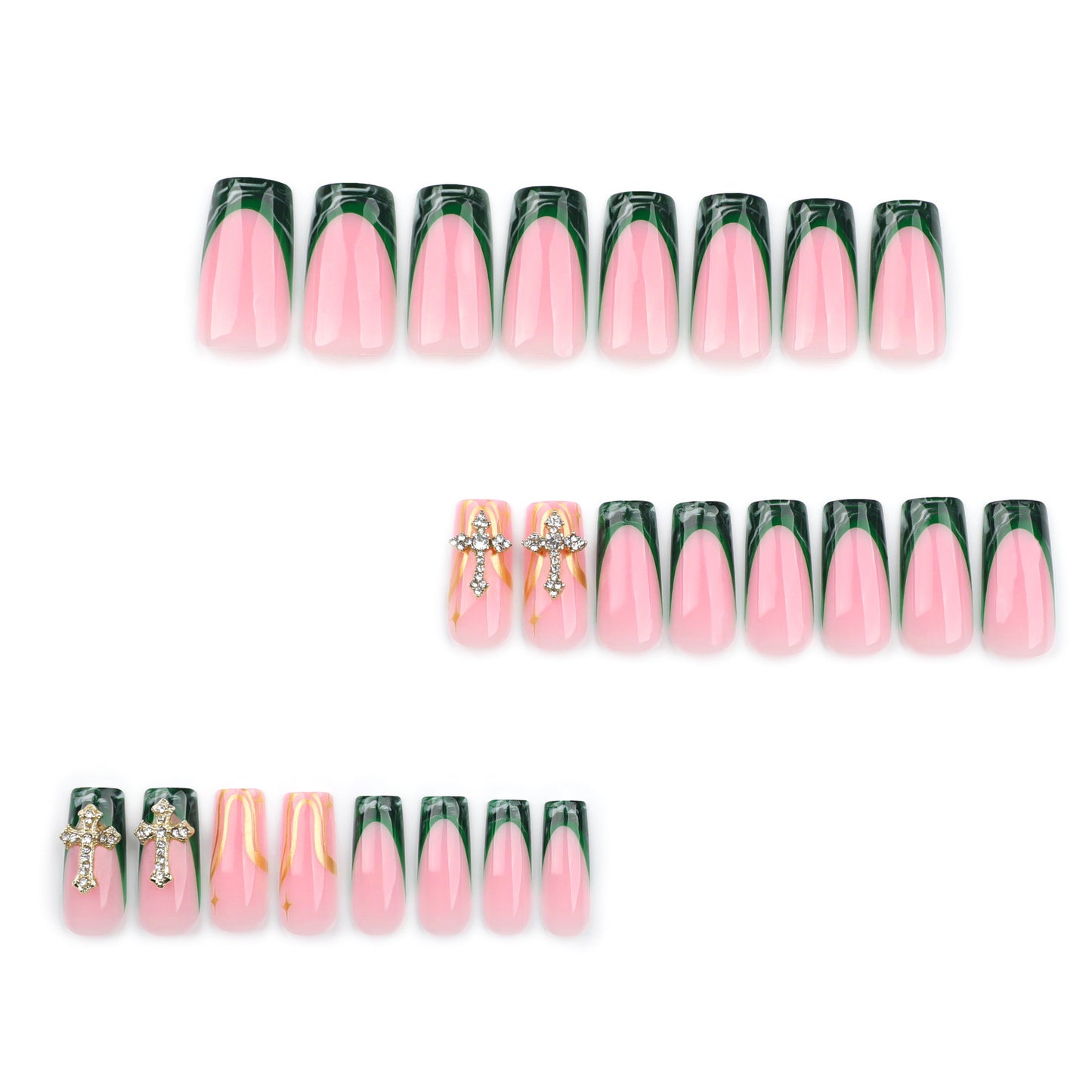 French green smudge manicure fake gold dot diamond luxury cross |365nails