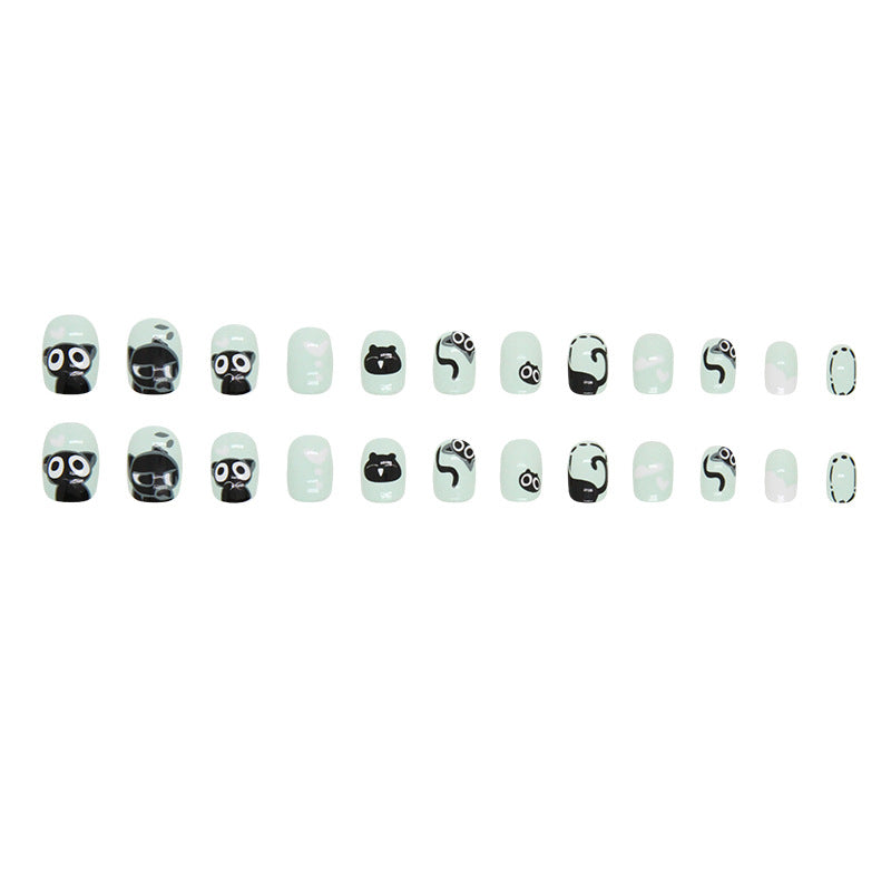 Fresh green base cute little black cat manicure kids nails|365nails