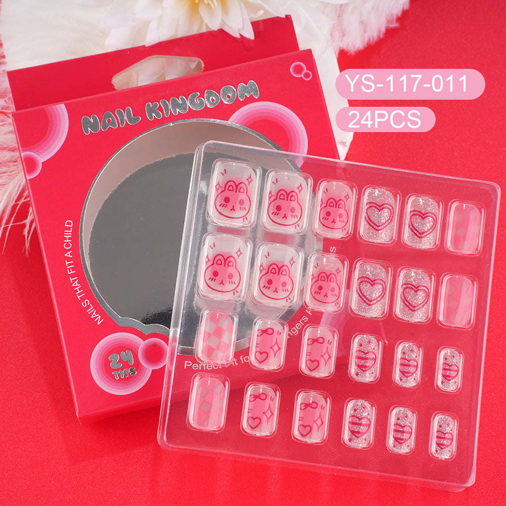 Children press on nails, cartoon 24-piece boxed finished product, sweet and cute children's removable fake nail patch manicure